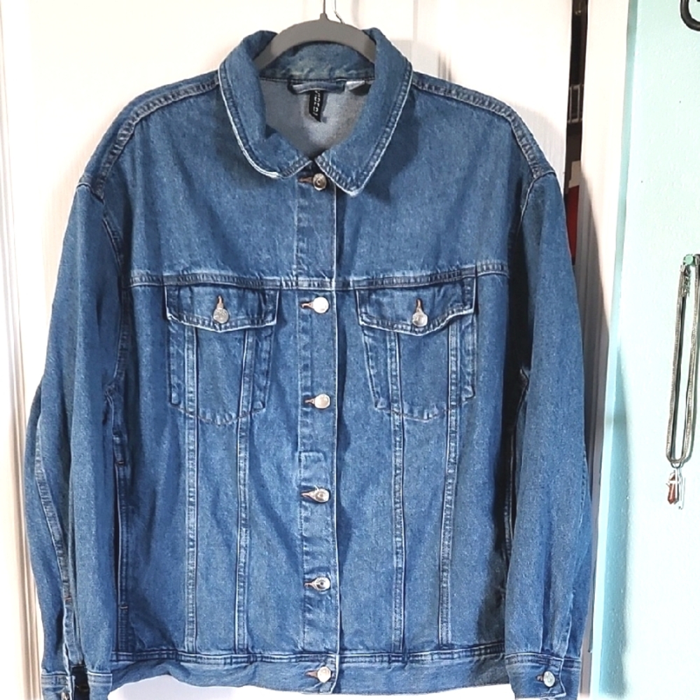 H&M Mens Divide Mini Distressed Blue Jean Jacket Regular Fit SzL